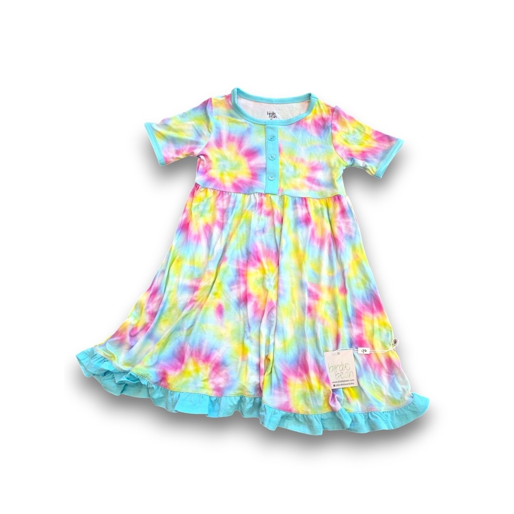 NWT Birdie Bean Dress Rainbow Tie Dye Button Ruffle Bamboo Viscose Girls 6